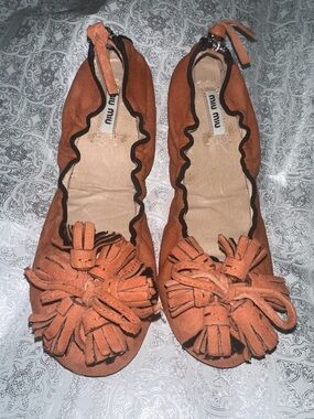 Miu Miu Rust Orange Suede Pom-Pom Ballet Flats